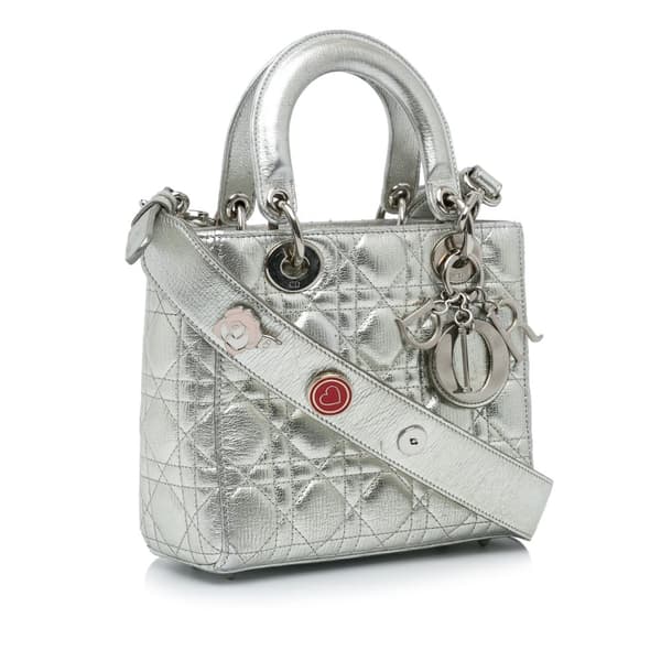 Pre-owned Dior Small Metallic Grained Calfskin Cannage My ABCDior Lady Dior Silver