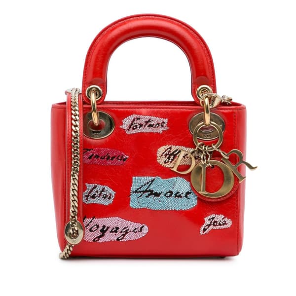 Pre-owned Dior Mini Calfskin Sequin Embellished Lady Dior Red