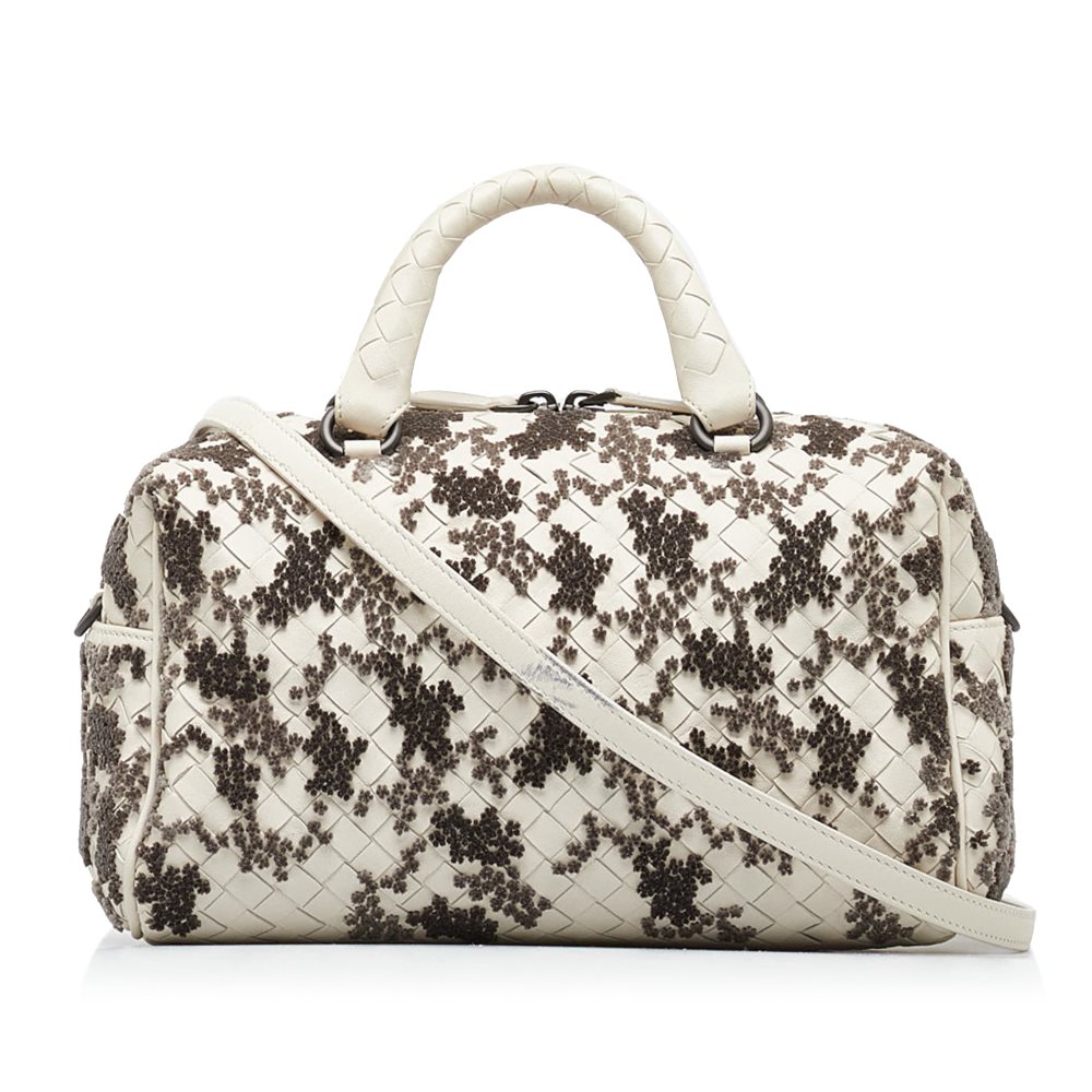 image of Pre-owned Bottega Veneta In Mist Intrecciato Flocked Velvet Bouquet Duffel Bag White