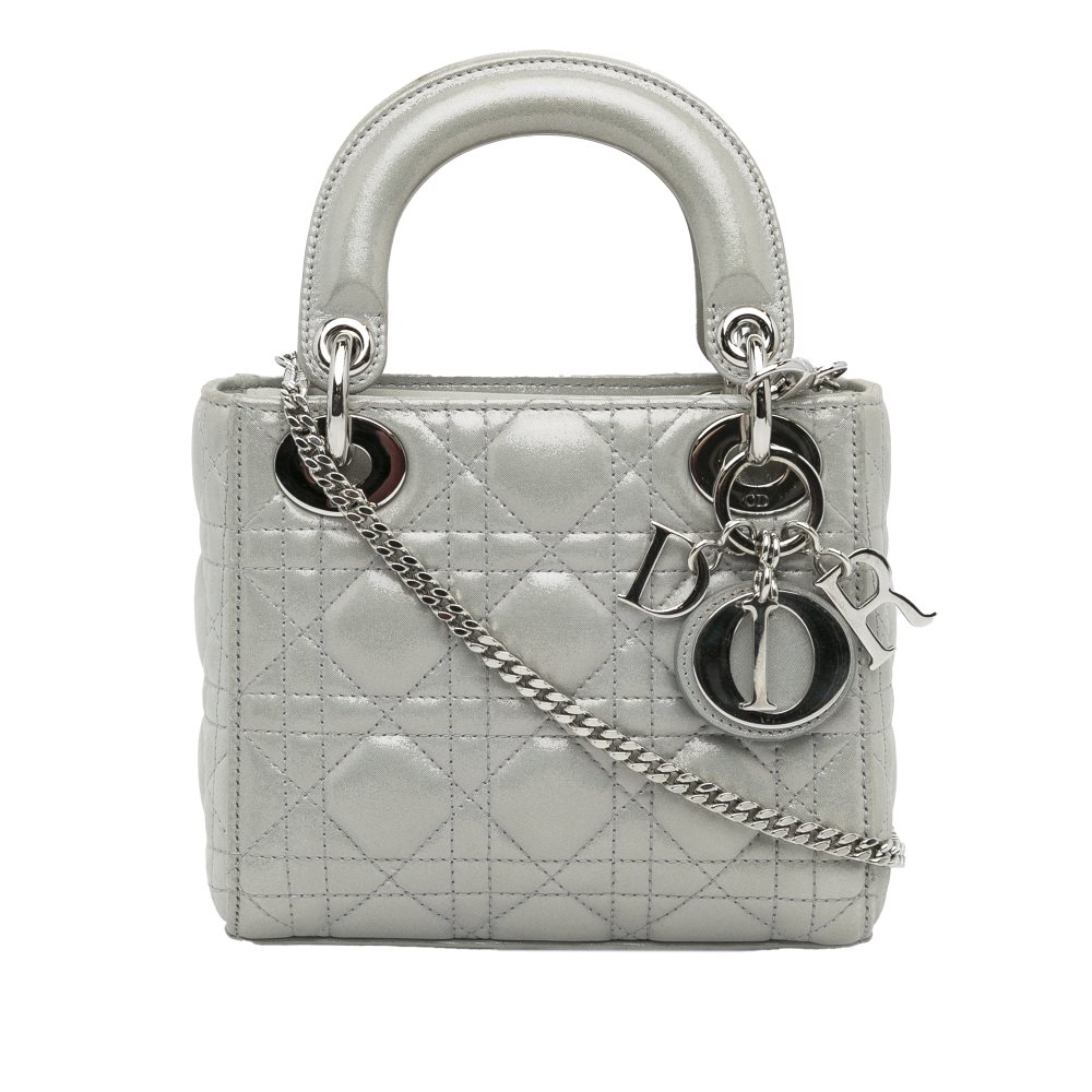 image of Pre-owned Dior Mini Metallic Lambskin Cannage Lady Dior Silver