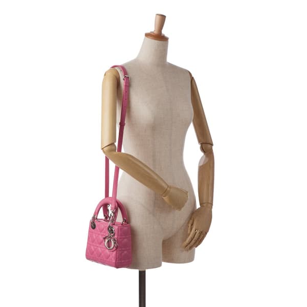 Pre-owned Dior Mini Lambskin Cannage Lady Dior Pink