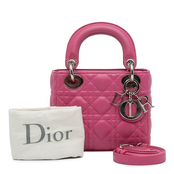 Pre-owned Dior Mini Lambskin Cannage Lady Dior Pink