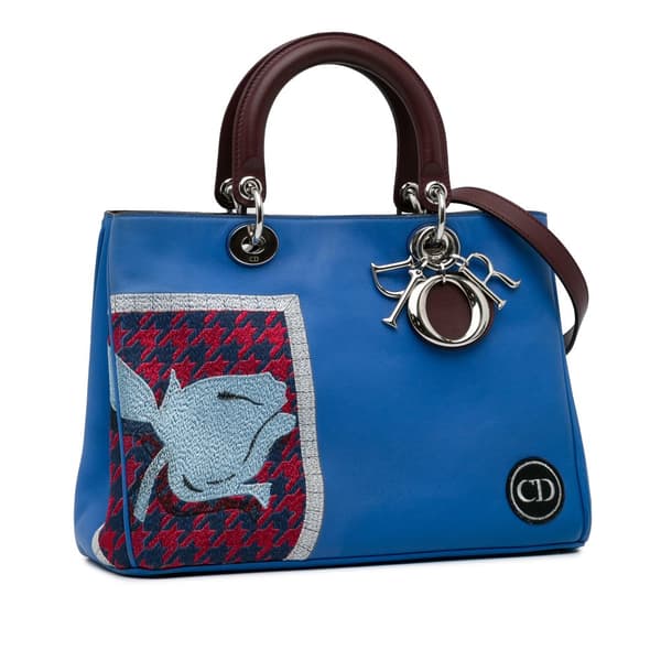 Pre-owned Dior Medium Embroidered Diorissimo Satchel Blue