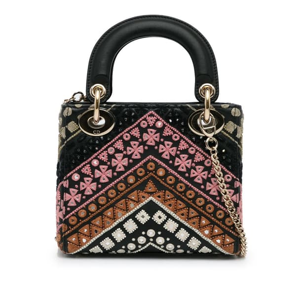 Pre-owned Dior Mini Calfskin Embroidered Lady Dior Black