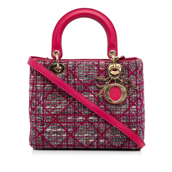 Pre-owned Dior Medium Tweed Macrocannage Lady Dior Pink