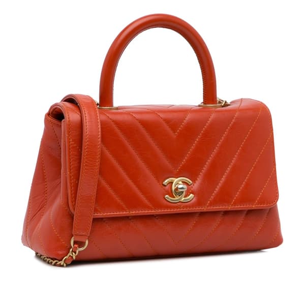 Pre-owned Chanel Small Lambskin Chevron Coco Top Handle Bag Red