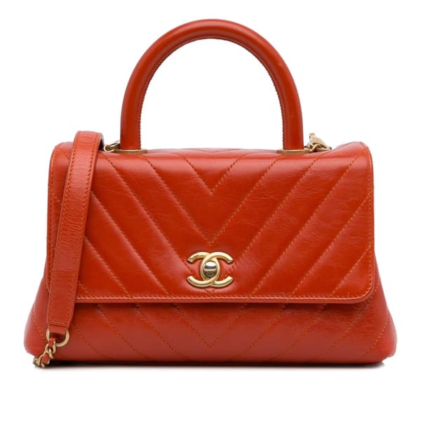 Pre-owned Chanel Small Lambskin Chevron Coco Top Handle Bag Red