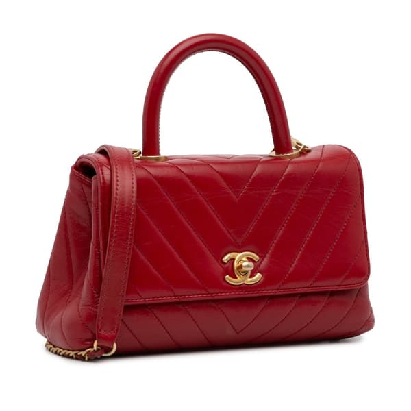 Pre-owned Chanel Small Lambskin Chevron Coco Top Handle Bag Red