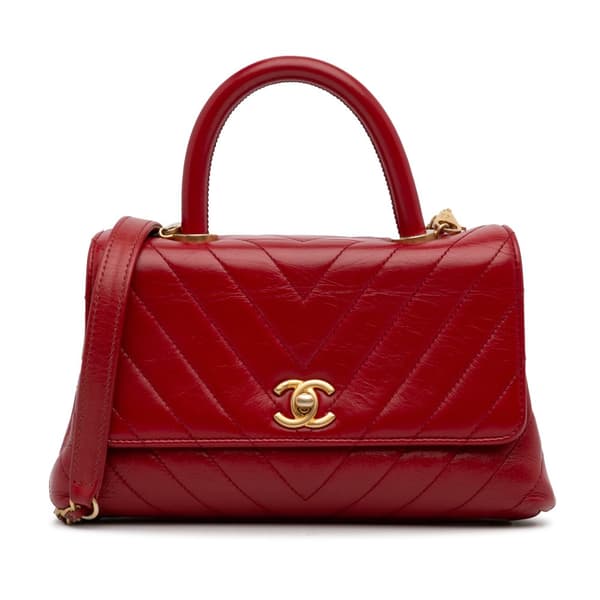 Pre-owned Chanel Small Lambskin Chevron Coco Top Handle Bag Red