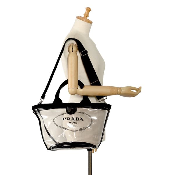 Pre-owned Prada Canapa Trimmed Plex Logo Tote Black