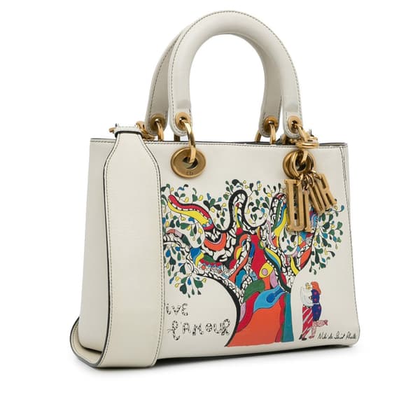 Pre-owned Dior Niki de Saint Phalle Medium Calfskin Vive l'amour Lady Dior White
