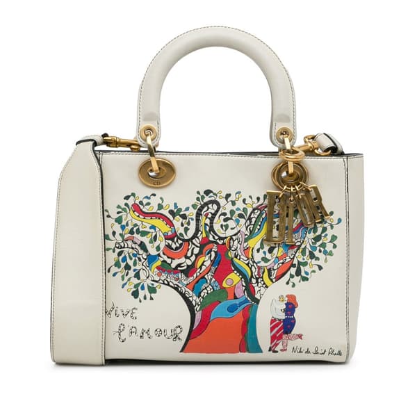 Pre-owned Dior Niki de Saint Phalle Medium Calfskin Vive l'amour Lady Dior White