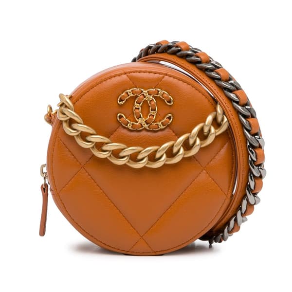 Pre-owned Chanel Lambskin 19 Round Clutch with Chain Brown