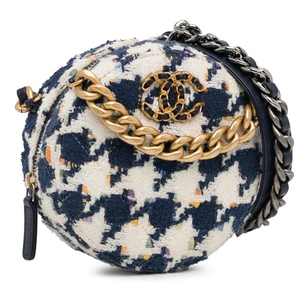 Pre-owned Chanel Tweed 19 Round Clutch with Chain White