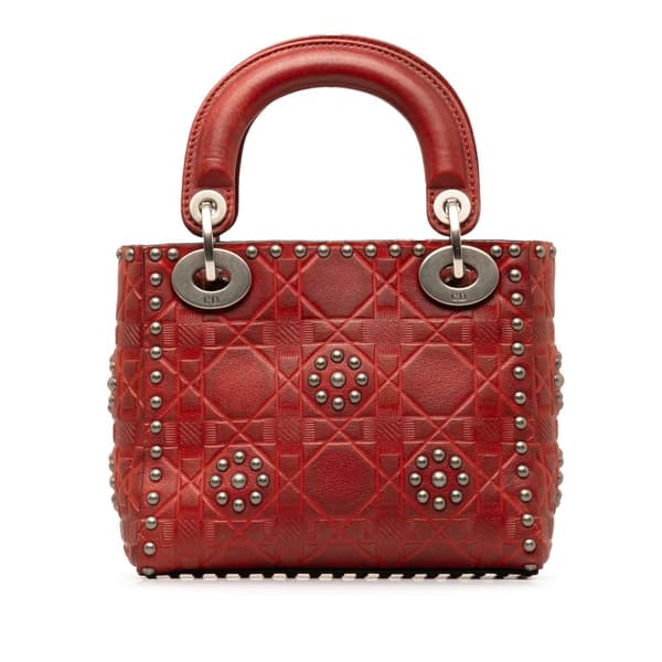 Pre-owned Dior Mini Embossed Calfskin Cannage Studded Lady Dior Red