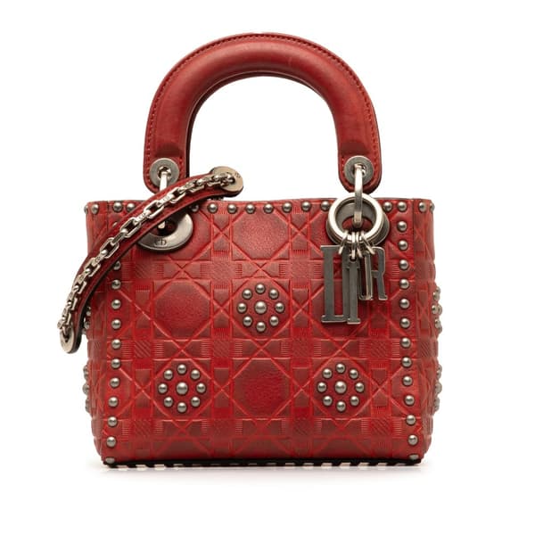 Pre-owned Dior Mini Embossed Calfskin Cannage Studded Lady Dior Red