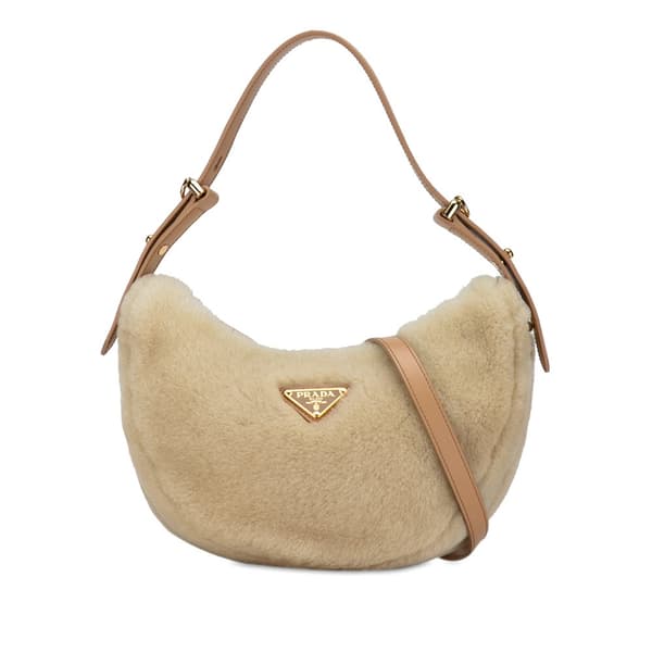 Pre-owned Prada Shearling and Leather Arqué Satchel Brown
