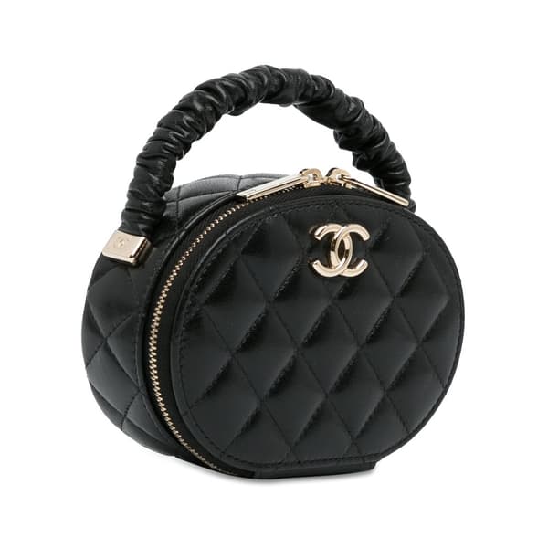 Pre-owned Chanel CC Lambskin Ruched Oval Top Handle Bag Black