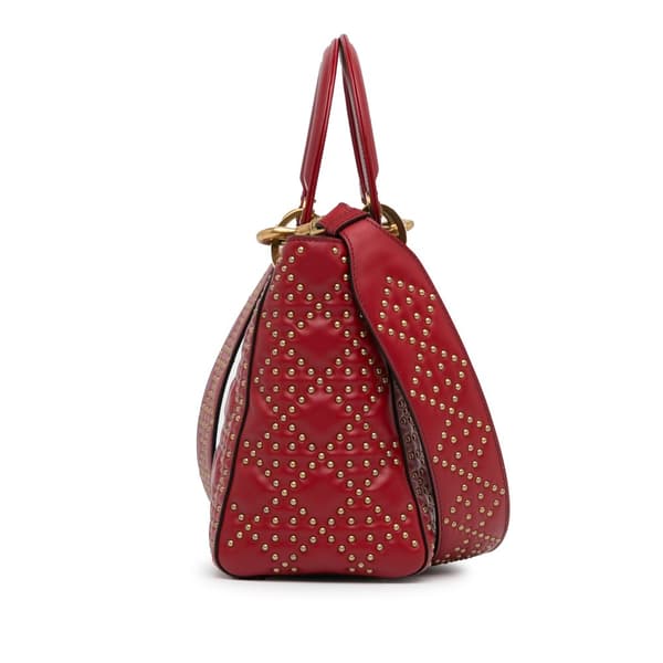 Pre-owned Dior Medium Lambskin Cannage Studded Supple Lady Dior Red