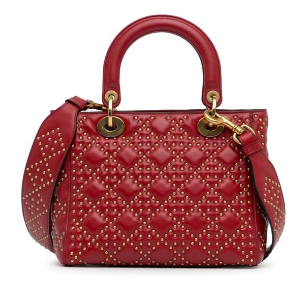 Pre-owned Dior Medium Lambskin Cannage Studded Supple Lady Dior Red