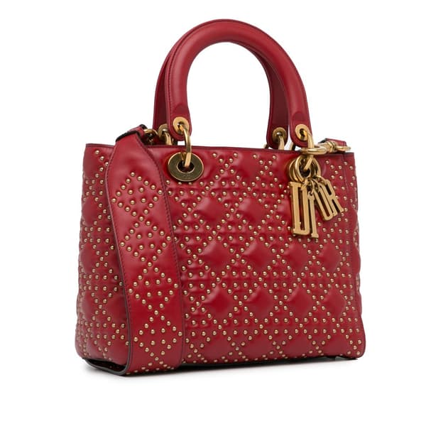Pre-owned Dior Medium Lambskin Cannage Studded Supple Lady Dior Red