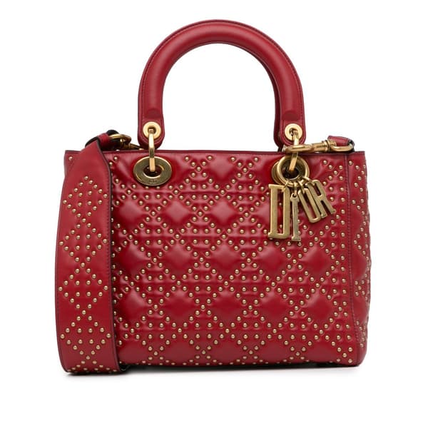 Pre-owned Dior Medium Lambskin Cannage Studded Supple Lady Dior Red