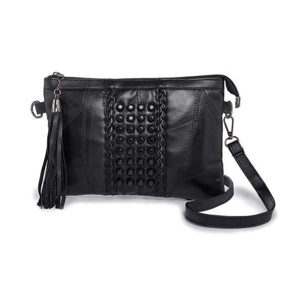 Kvällsväska i mjukt läder, liten dubbväska med fransar för kvinnor, Crossbody Yolistar med en axel (svart)