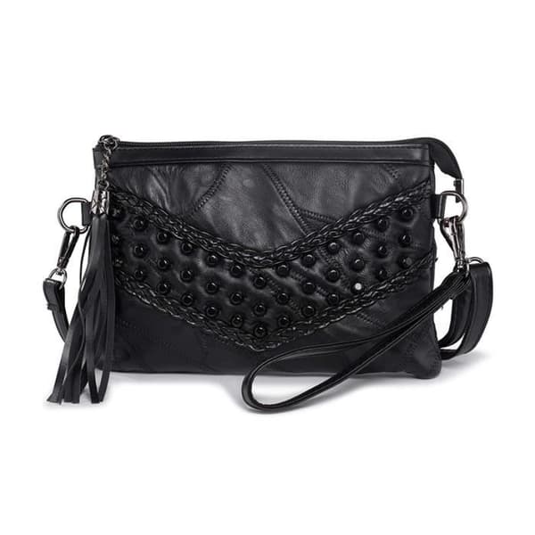 Kvällsväska i mjukt läder, liten dubbväska med fransar för kvinnor, Crossbody Yolistar med en axel (svart)