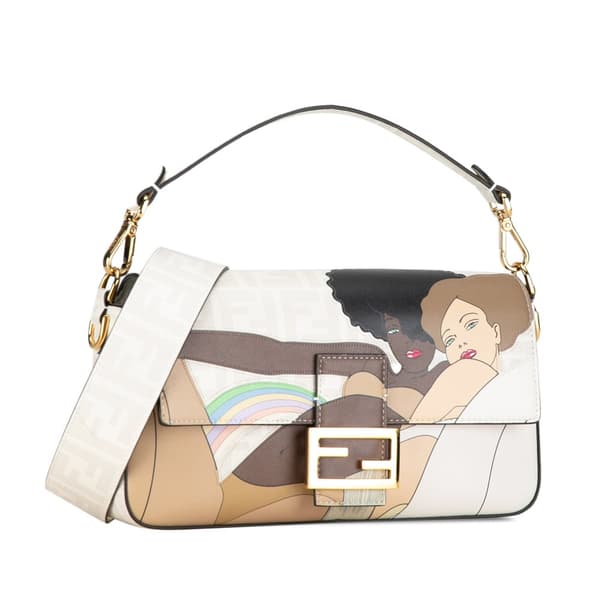 Pre-owned Fendi Zucca Graphic Print Coated Canvas Bikini Girls Baguette Satchel White