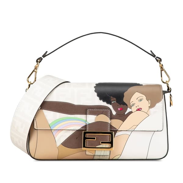 Pre-owned Fendi Zucca Graphic Print Coated Canvas Bikini Girls Baguette Satchel White