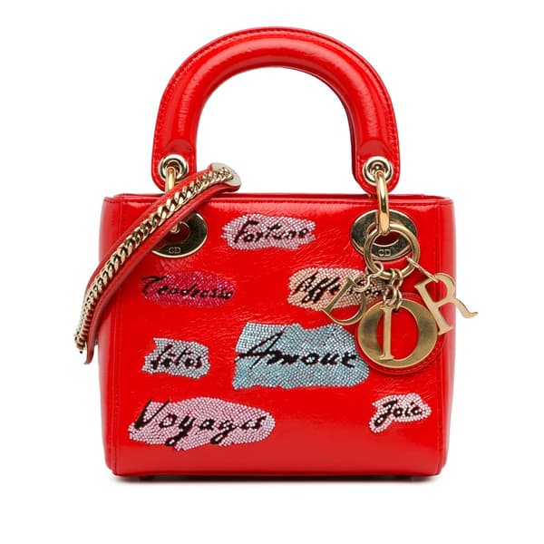 Pre-owned Dior Mini Calfskin Sequin Embellished Lady Dior Red
