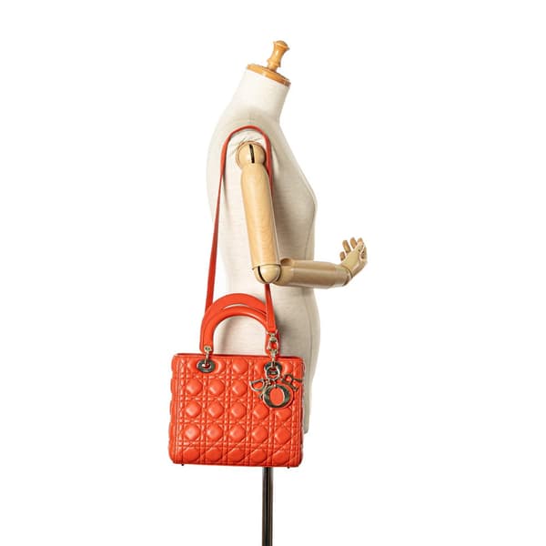 Pre-owned Dior Medium Lambskin Cannage Lady Dior Orange