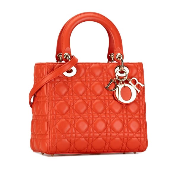 Pre-owned Dior Medium Lambskin Cannage Lady Dior Orange