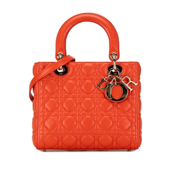 Pre-owned Dior Medium Lambskin Cannage Lady Dior Orange