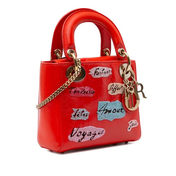 Pre-owned Dior Mini Calfskin Sequin Embellished Lady Dior Red