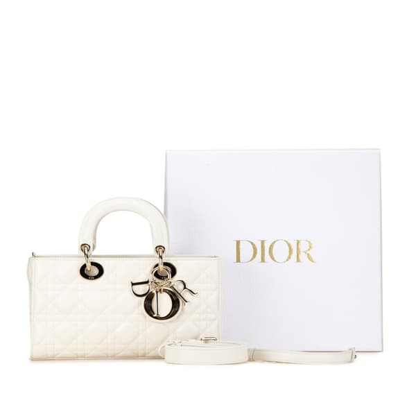 Pre-owned Dior Medium Lambskin Cannage Lady D Joy White