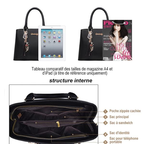 Dammode 2st Set PU-läderhandväska + Crossbody-väska Handväska för kvinnor Modetygväska - svart