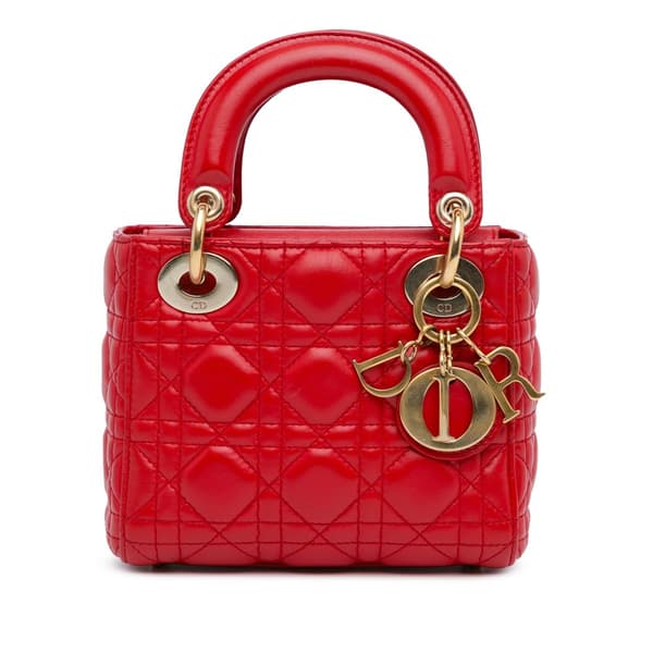 Pre-owned Dior Mini Lambskin Cannage Lady Dior Red