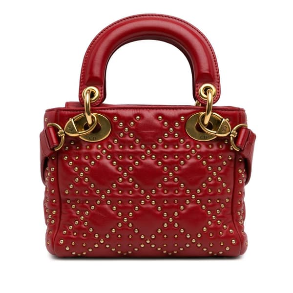 Pre-owned Dior Mini Lambskin Cannage Studded Supple Lady Dior Red