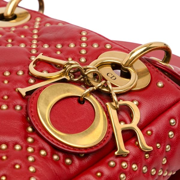 Pre-owned Dior Mini Lambskin Cannage Studded Supple Lady Dior Red