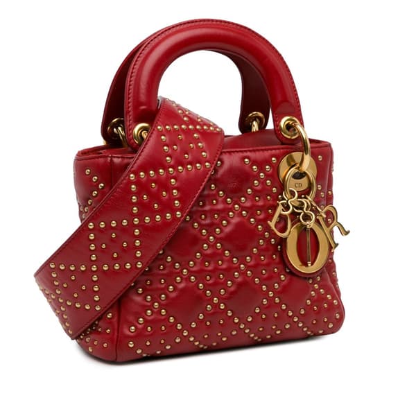 Pre-owned Dior Mini Lambskin Cannage Studded Supple Lady Dior Red