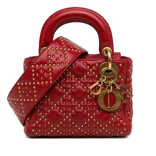 Pre-owned Dior Mini Lambskin Cannage Studded Supple Lady Dior Red