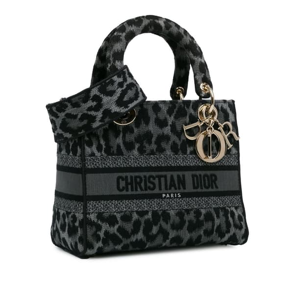 Pre-owned Dior Mizza Medium Embroidered Canvas Leopard Lady D Lite Gray