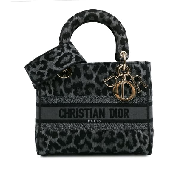 Pre-owned Dior Mizza Medium Embroidered Canvas Leopard Lady D Lite Gray