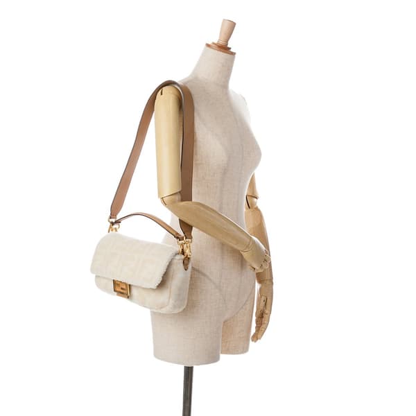 Pre-owned Fendi Small Zucca Shearling Baguette Satchel Brown