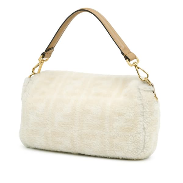 Pre-owned Fendi Small Zucca Shearling Baguette Satchel Brown