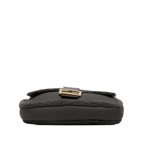 Pre-owned Fendi Shearling Trimmed Leather Baguette Satchel Gray