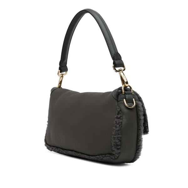 Pre-owned Fendi Shearling Trimmed Leather Baguette Satchel Gray
