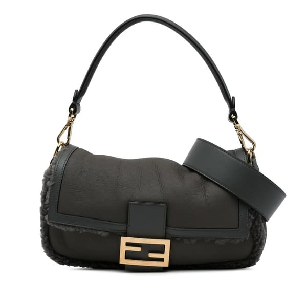 Pre-owned Fendi Shearling Trimmed Leather Baguette Satchel Gray