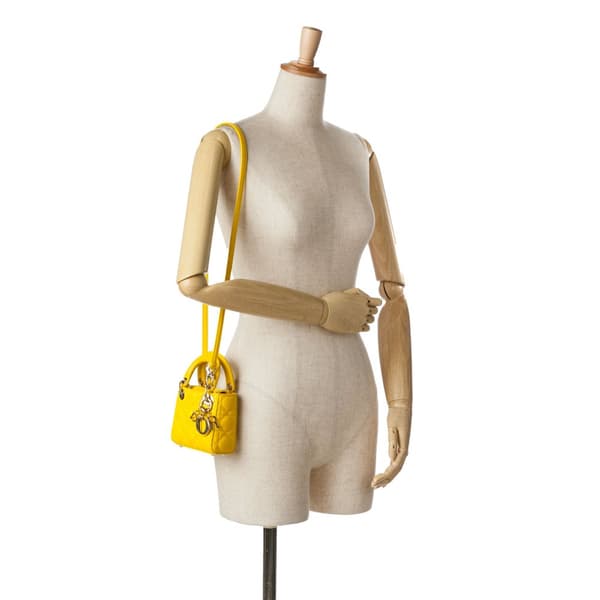 Pre-owned Dior Micro Lambskin Cannage Lady Dior Yellow